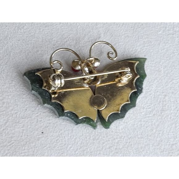 Vintage Jade Red Coral Butterfly Moth Brooch Pin Small Gold Tone Metal Carved - Picture 5 of 6
